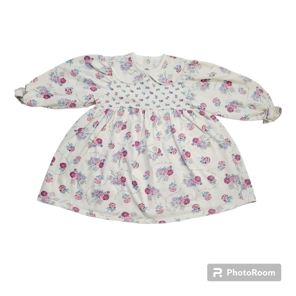 Vintage 80s 90s Cream Parisian Floral Baby Girl Collared Dress